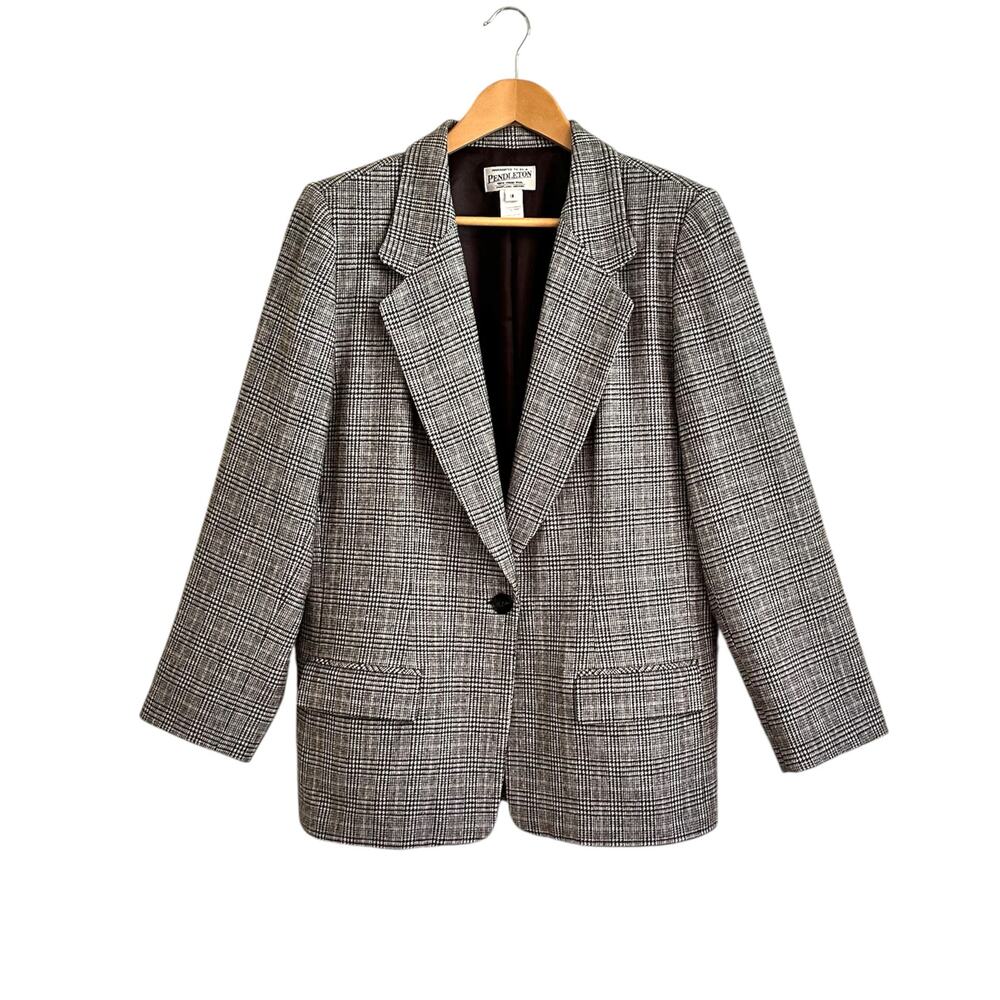Pendleton Blazer Gray Glen Plaid Slightly Fitted Wool Blazer Sz 16